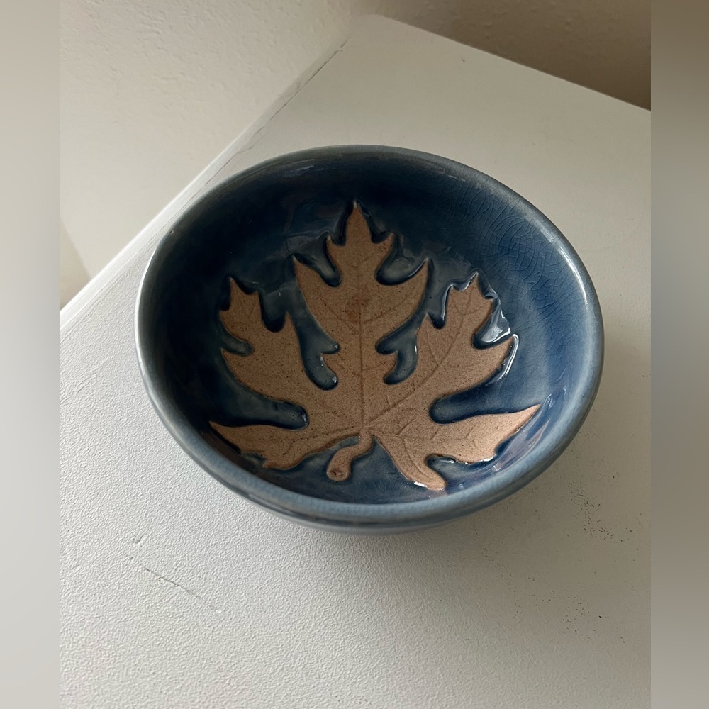 Siam Celadon Pottery Blue | Embossed Leaf Bowl Made in Thailand.
